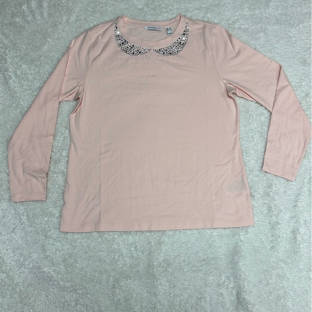 Isaac Mizrahi Pink Long Sleeve Embellished Blouse